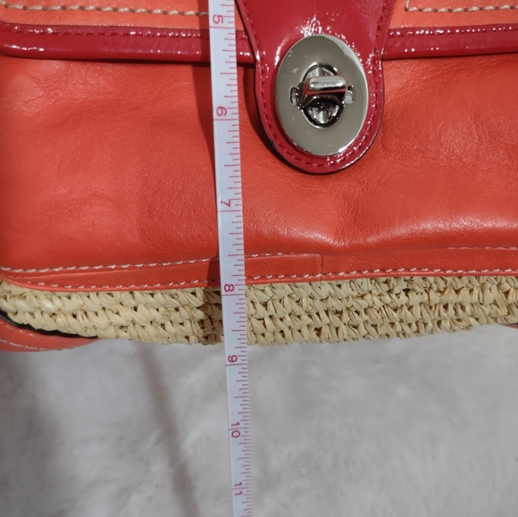 COACH Coral & Red Leather & Straw Shoulder/Tote Bag - Picture 10 of 12